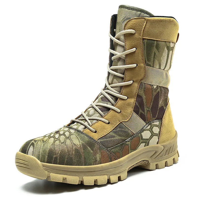 Men's black high-top Martin combat boots with mesh upper and totem design details