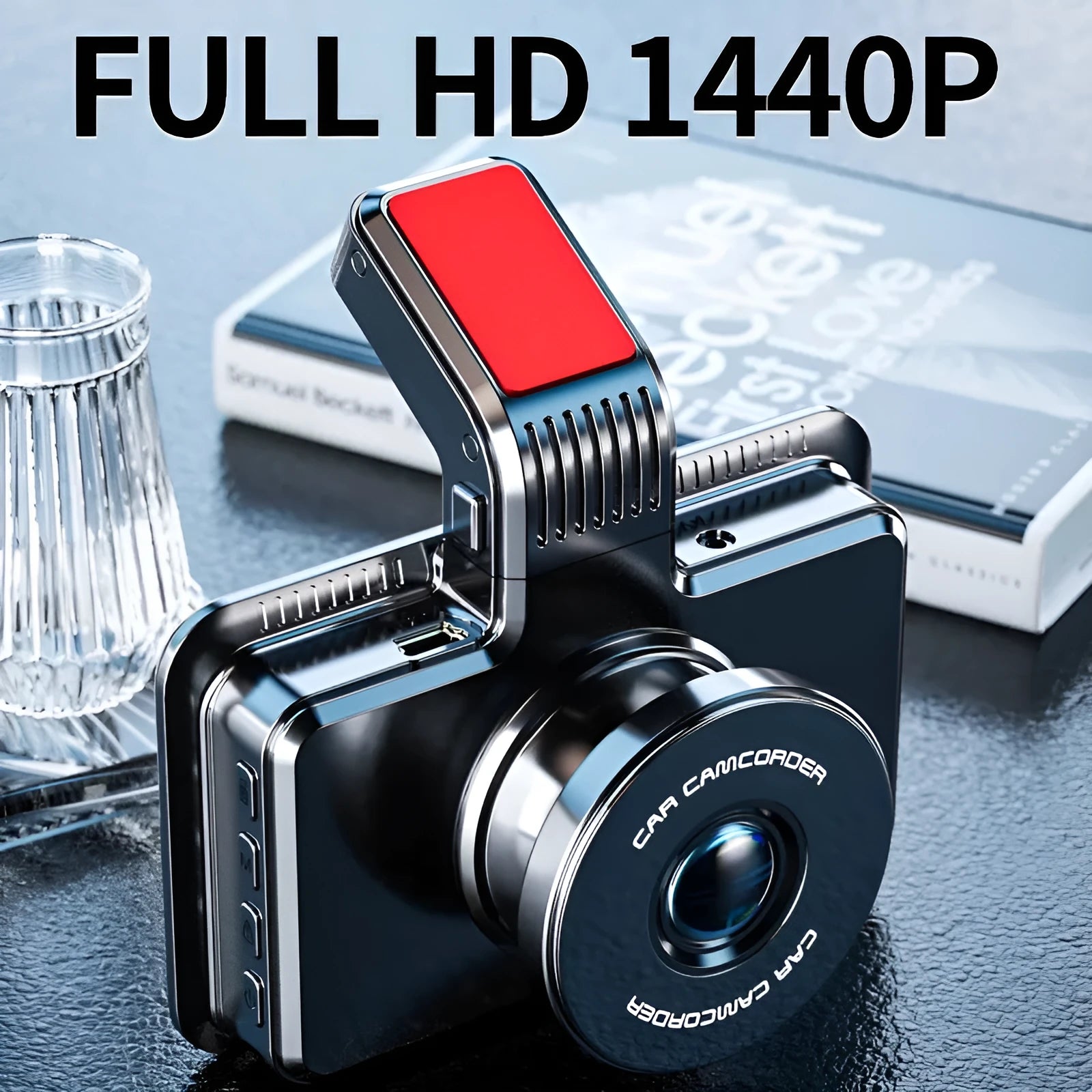 3-inch HD Car DVR unit with double lens for front and back recording, shown with camera and cables.
