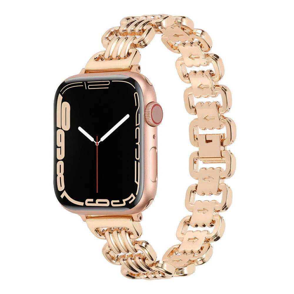 Alloy metal replacement bracelet for Apple Watch in silver, black, gold, rose gold and Starlight colours.