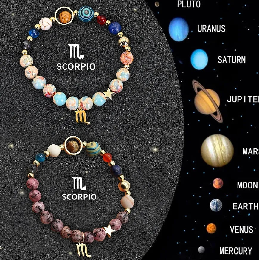 Twelve zodiac sign natural stone bead bracelets with astrology charms