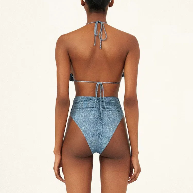 Women's 3D flower decoration halter lace-up bikini in split suit colour, polyester fabric, front view