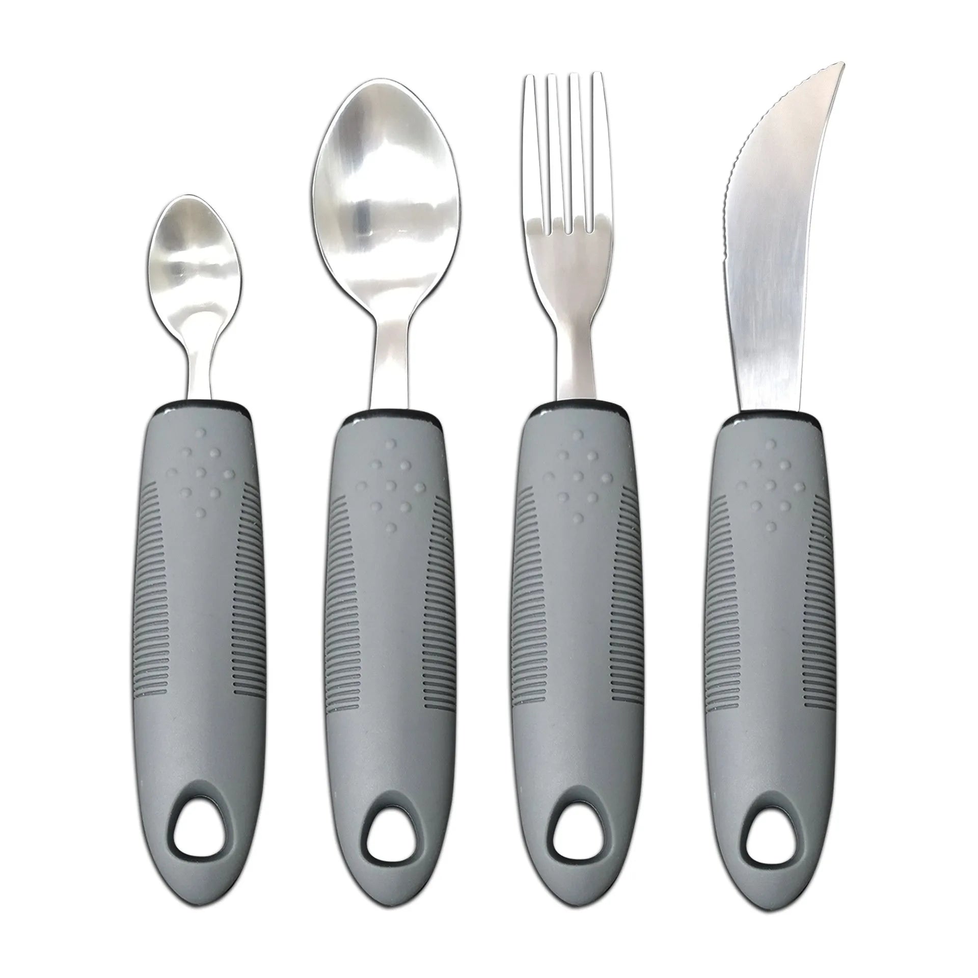 Stainless steel adaptive eating utensils with rubber anti-shake handles for elderly dining assistance