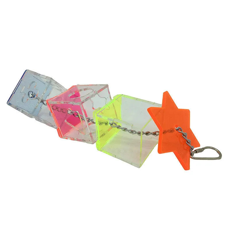 Transparent acrylic parrot foraging toy measuring 5x5x32cm for food containment