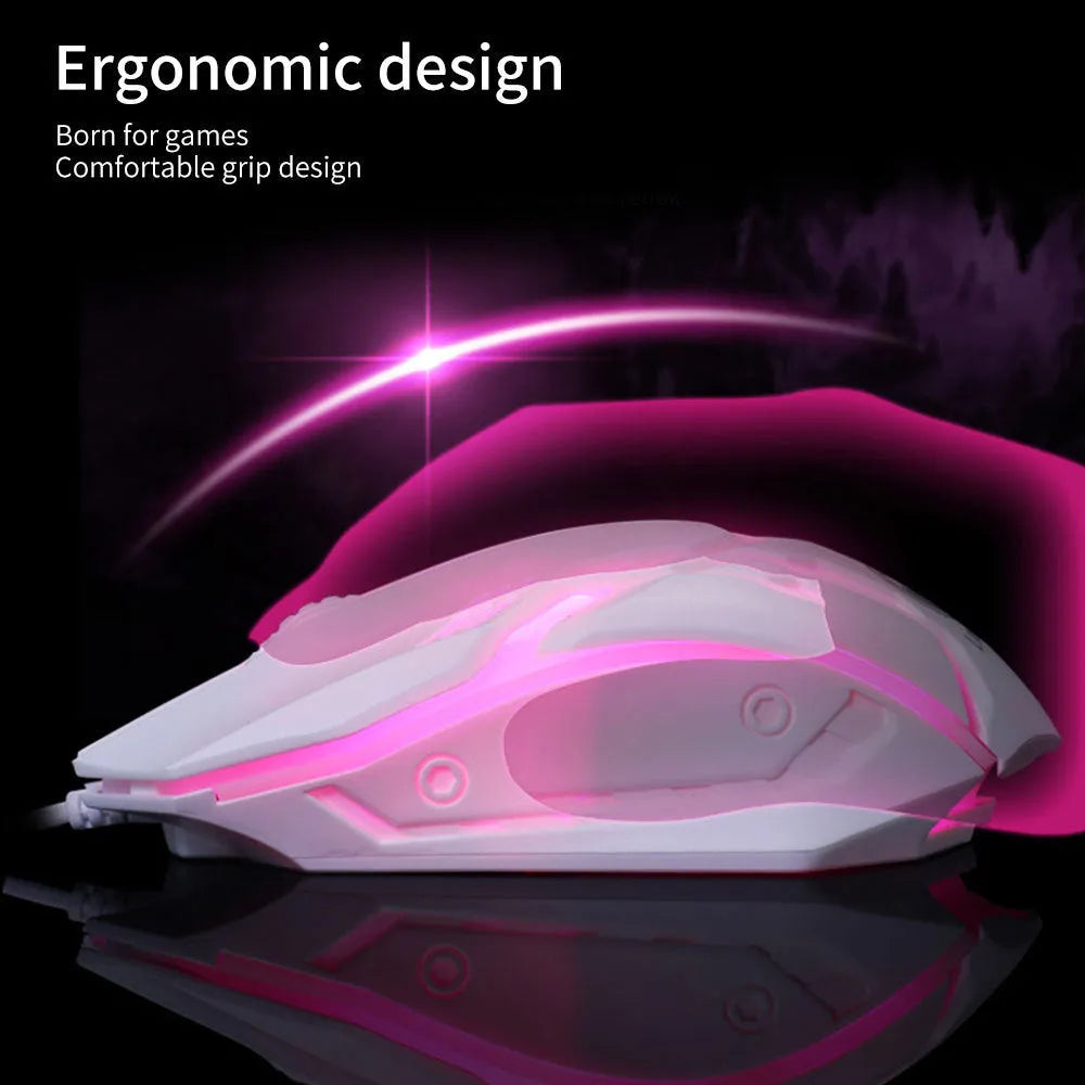Wired USB computer mouse with colourful LED glow, black or white luminous shell, 3 buttons, and 1.3m cable.