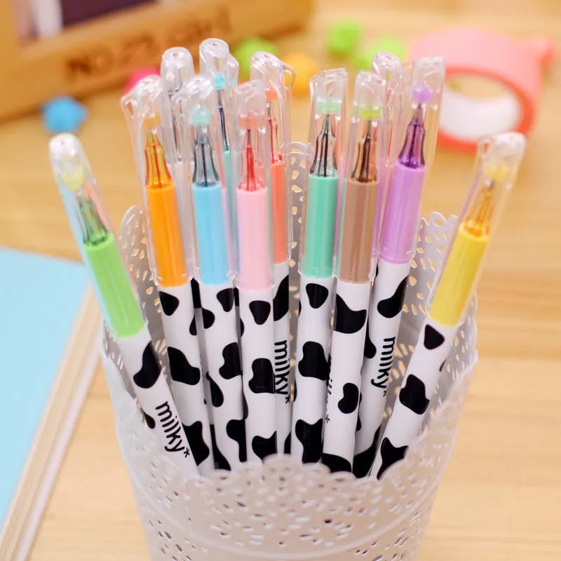 Cow print gel pen set showing 12 colours with 0.38mm fine tips