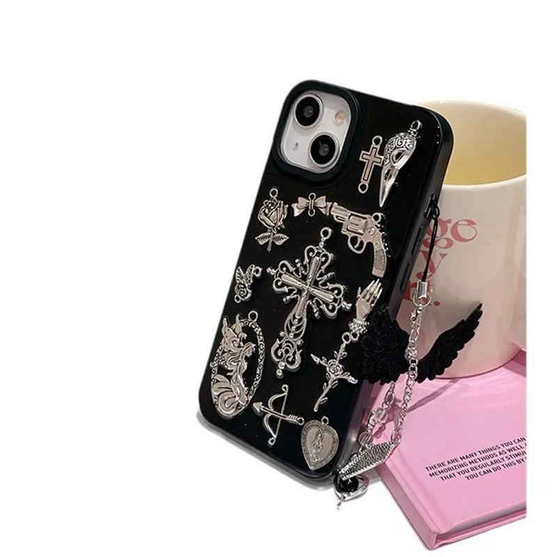 Ins retro dark wind epoxy cross phone case for iPhone showing three-dimensional cross pendant on all-inclusive protective shell