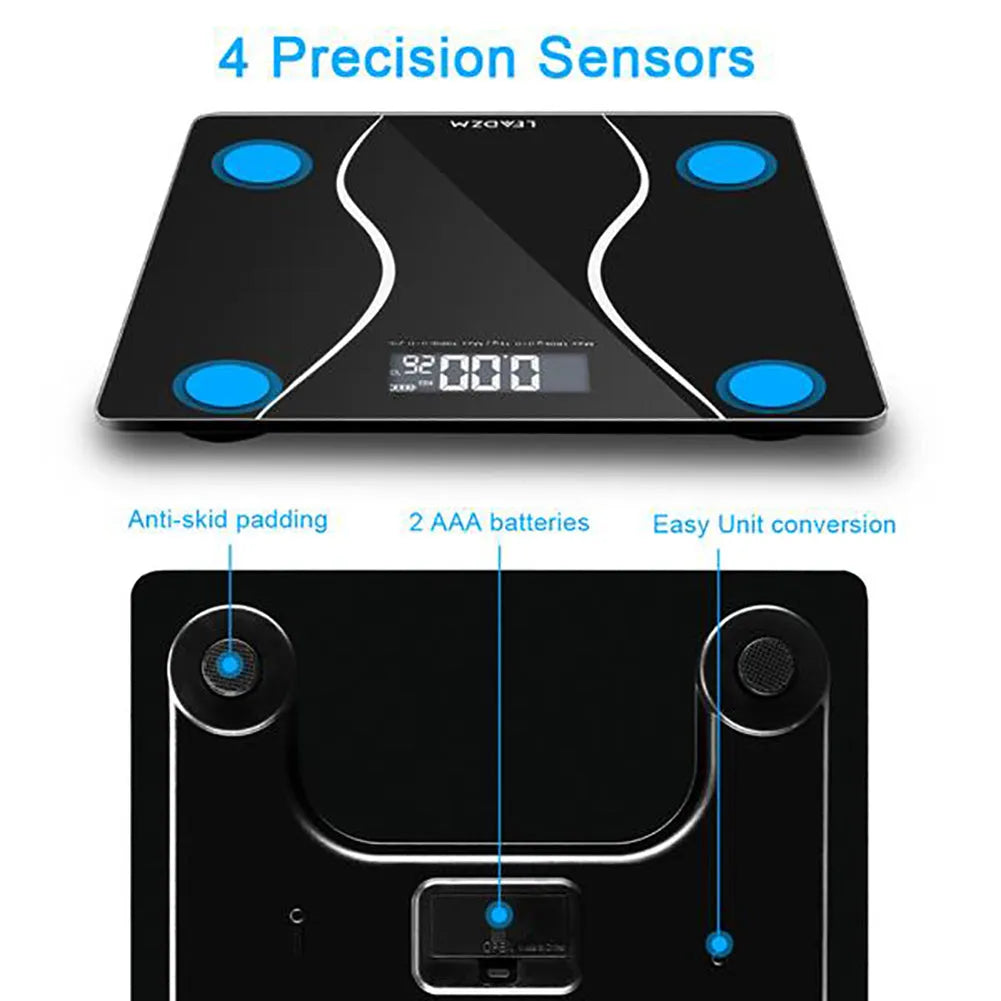 Black electronic bathroom scale with digital display and 180kg capacity