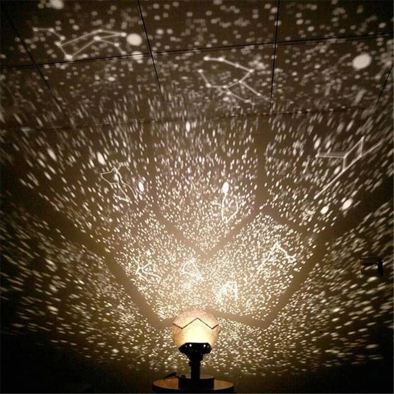 LED star projector showing constellation projection on bedroom ceiling with remote control