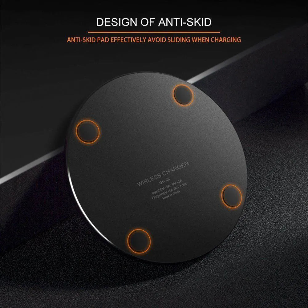 Black ultra-thin wireless charging pad with 9V fast charging for smartphones