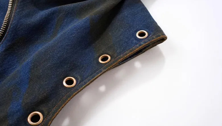 Blue hooded denim vest coat with matching trousers men's casual outfit set Korean style