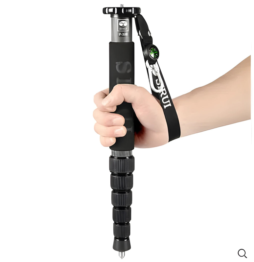 Black carbon fibre monopod for DSLR cameras extended to show six-section design