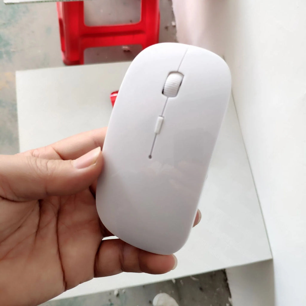 Bluetooth dual-mode wireless mouse with USB receiver and charging cable in grey finish