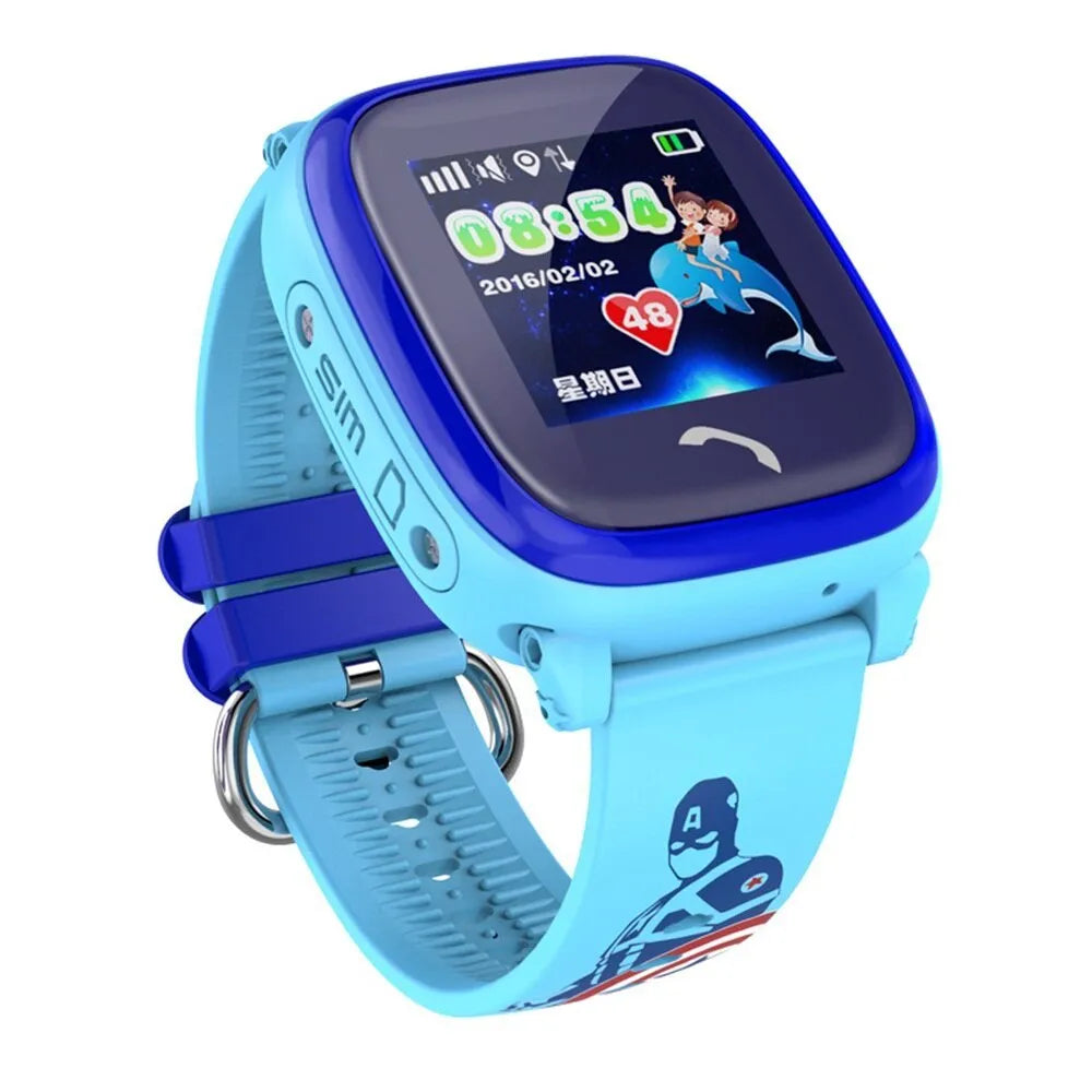 Blue and purple children's smartwatch with silicone strap and 1.22-inch touch screen display