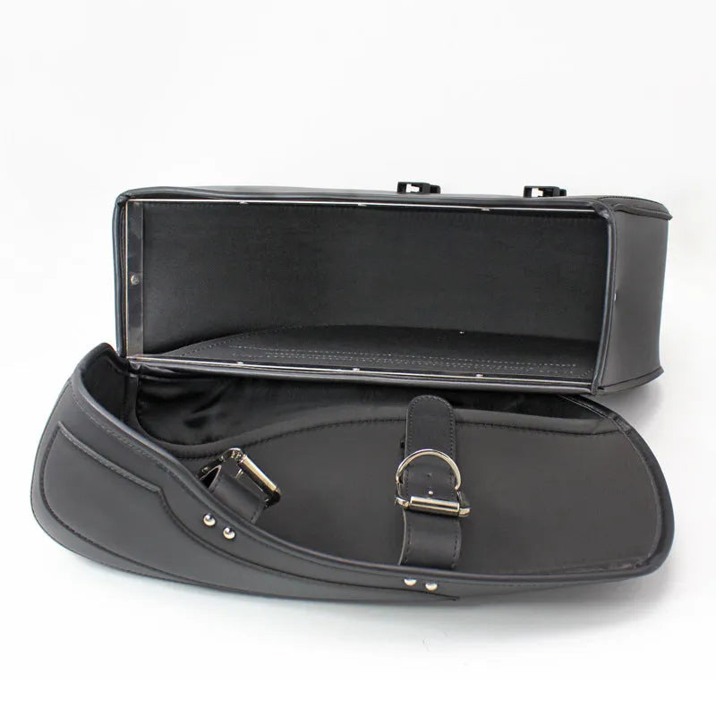 Retro style black PU leather motorcycle saddlebag side box mounted on a bike frame.