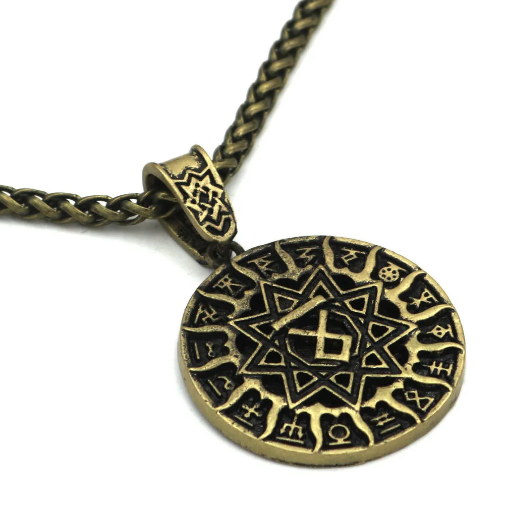 Lunavin ODing logo pendant necklace on a snake bones chain with antique silver finish.