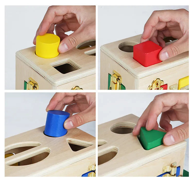 Wooden educational shape lock box toy with 12 wooden shapes for preschool children.