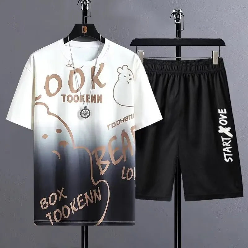 Men's light grey polyester shorts suit with short sleeves and matching shorts for summer.
