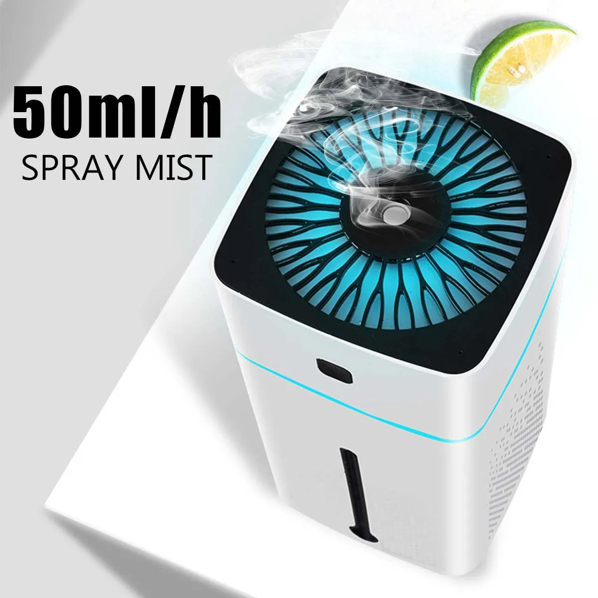 Black and white desktop humidifier measuring 103mm x 103mm x 218mm with 1000ml water capacity