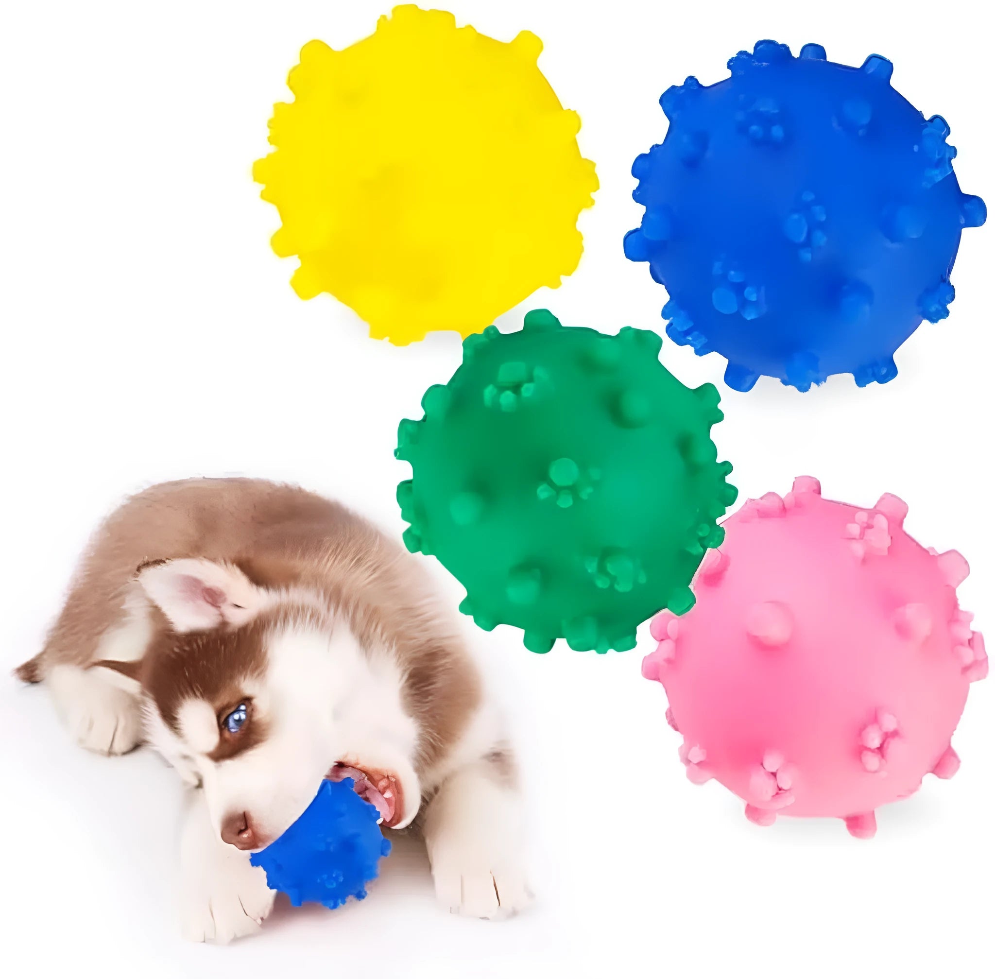Bright coloured spiky dog toy balls for small puppies with squeaky features