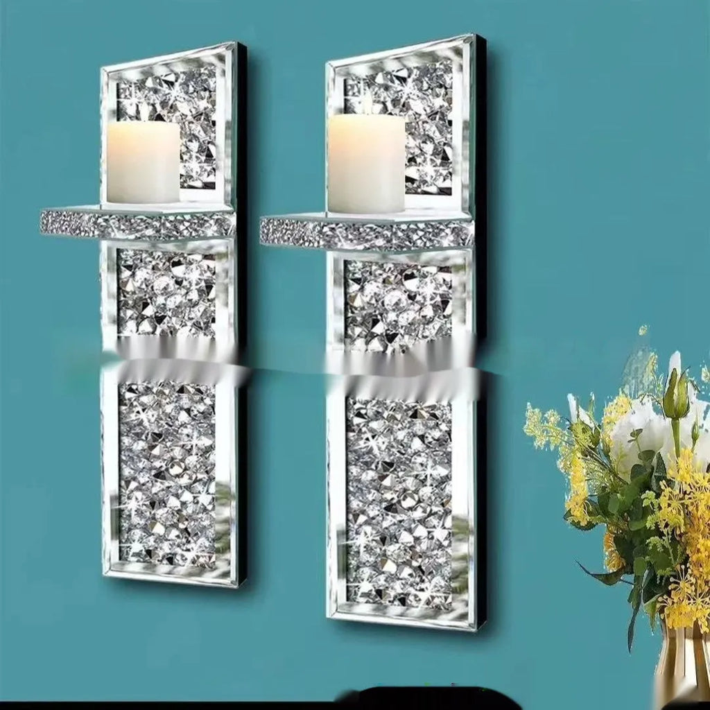 Silver mirror glass candle holder pair for wall hanging, modern crystal design