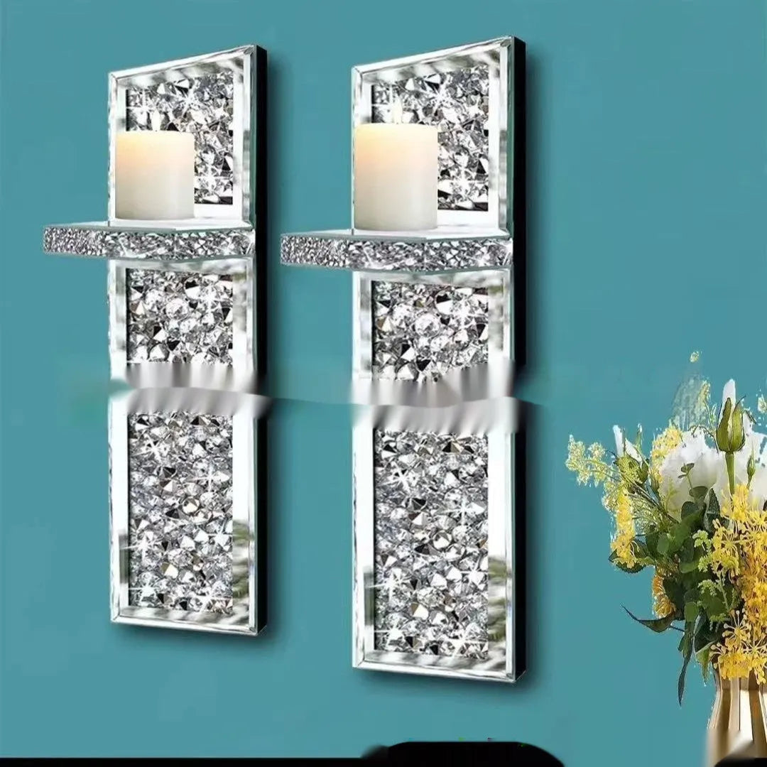 Silver mirror glass candle holder pair for wall hanging, modern crystal design