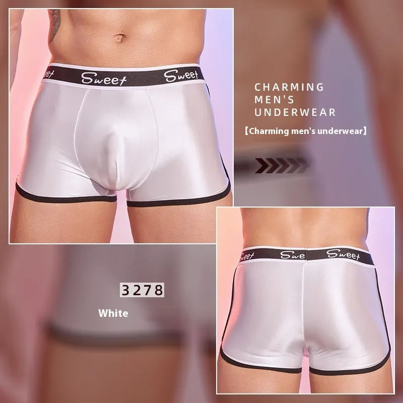 Men's shiny silky nylon boxer shorts in free size available in black, white and sapphire blue colours
