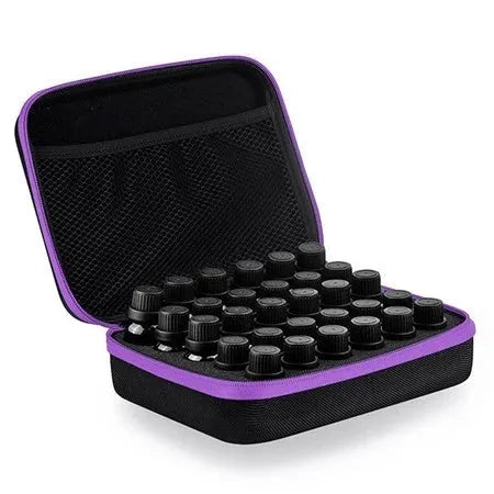 Red EVA essential oil storage bag with 30 compartments for 15ml bottles, shown wall-mounted.
