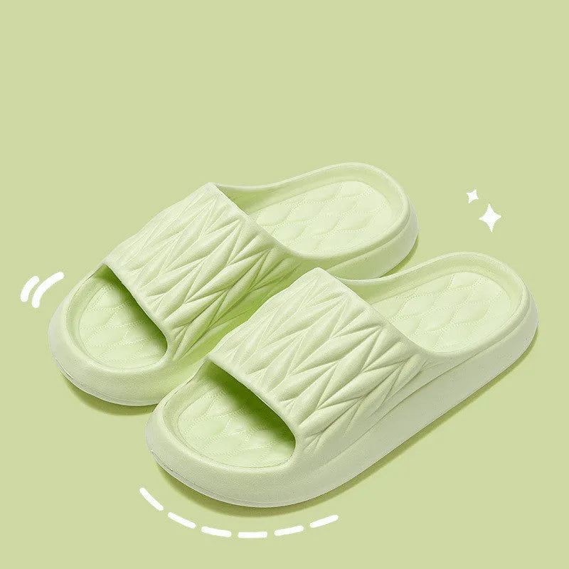 Leaf texture design EVA indoor slippers in multiple colours on a white background.