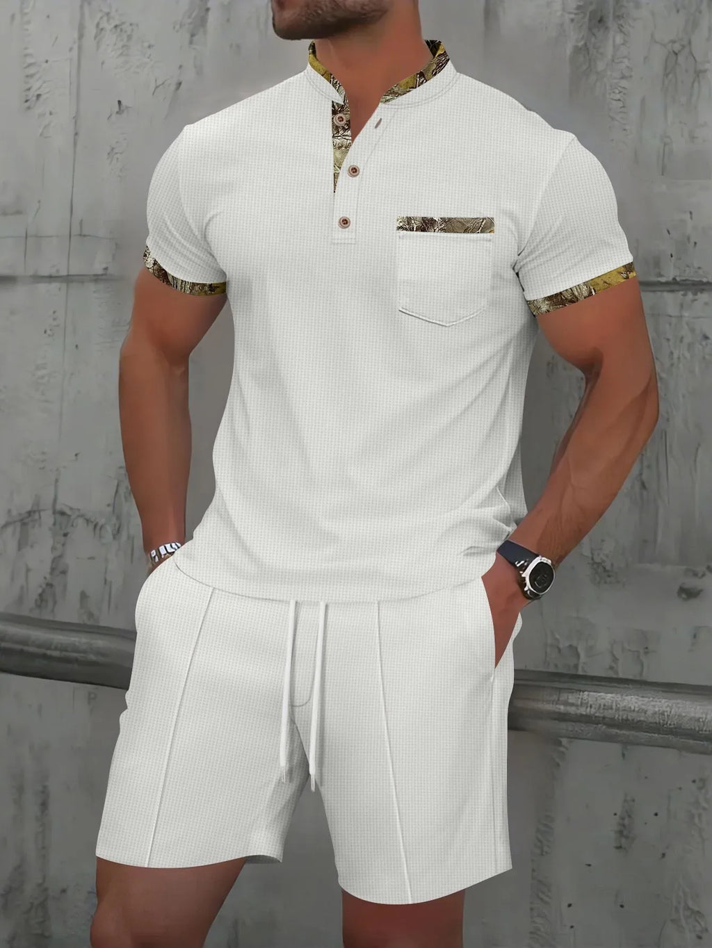 Men's grey waffle texture zipper polo collar short sleeve top with matching shorts sports set