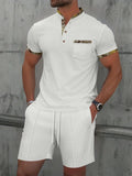 Men's grey waffle texture zipper polo collar short sleeve top with matching shorts sports set