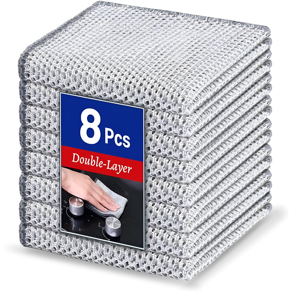 Microfiber kitchen cleaning cloth for pots and bowls in silver wire or composite construction