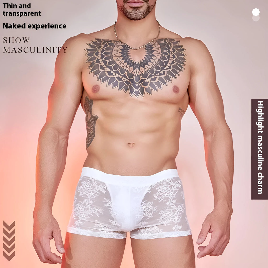 Men's Fashion Personality New Lace boxers in black, white, and red colours, made from nylon fabric.