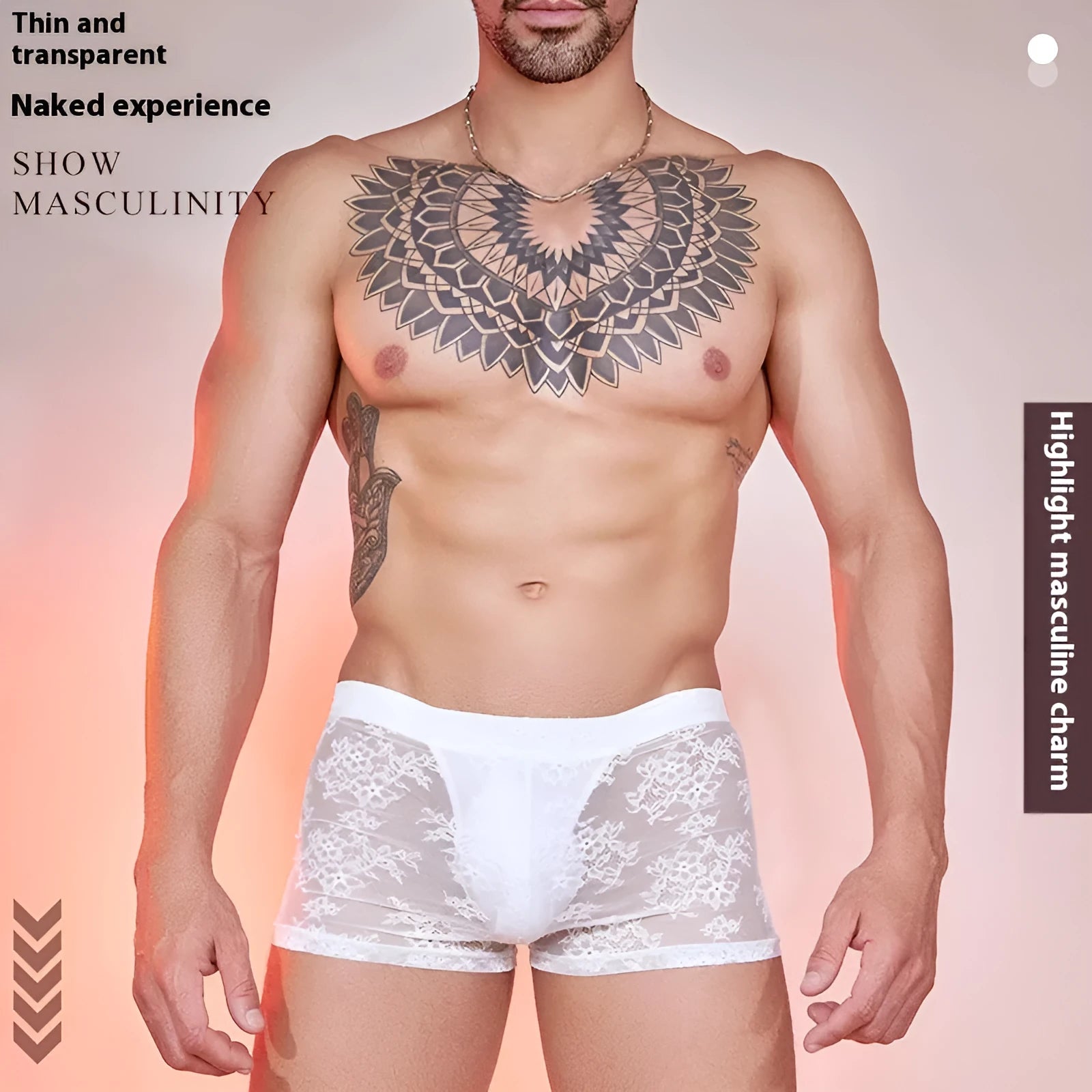 Men's Fashion Personality New Lace boxers in black, white, and red colours, made from nylon fabric.