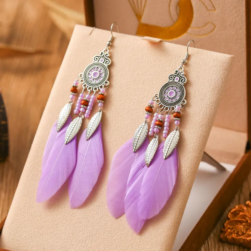 Round drop feather earrings with leaf pattern in Bohemian style, electroplated alloy in various colour options