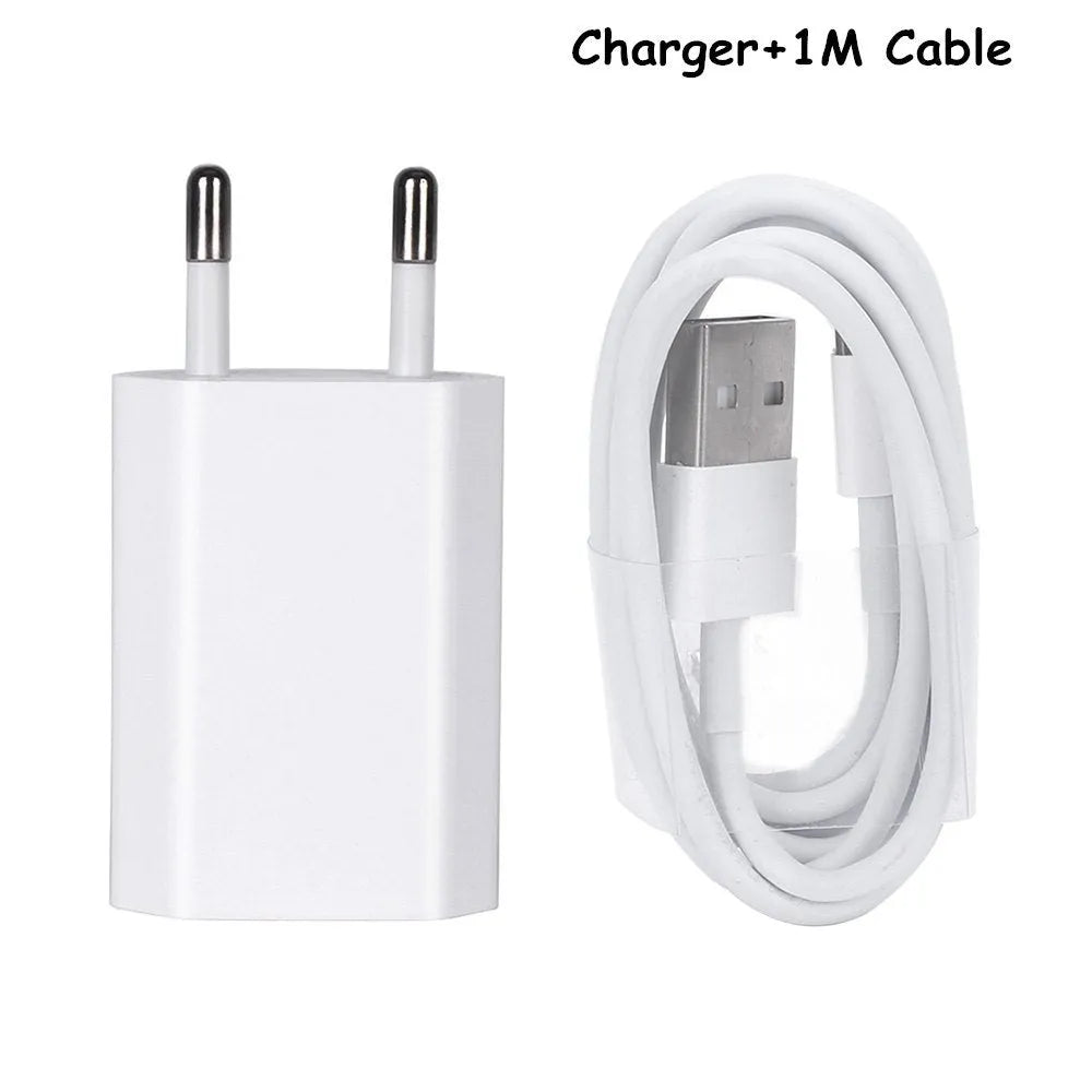 White USB wall charger and white Lightning cable for iPhone and iPad charging.