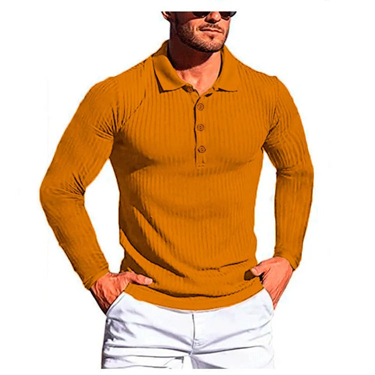 Men's striped summer shirt in elastic knit fabric showing loose fit and short sleeves