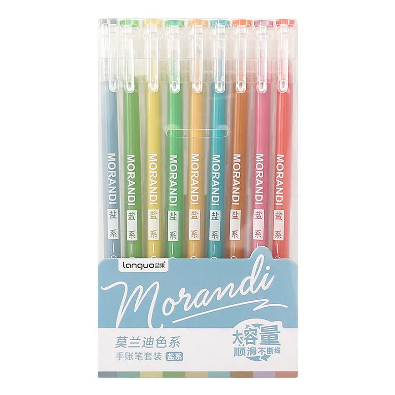 Set of nine retro-style gel pens with 0.5mm needle tips in various solid colours for student notes