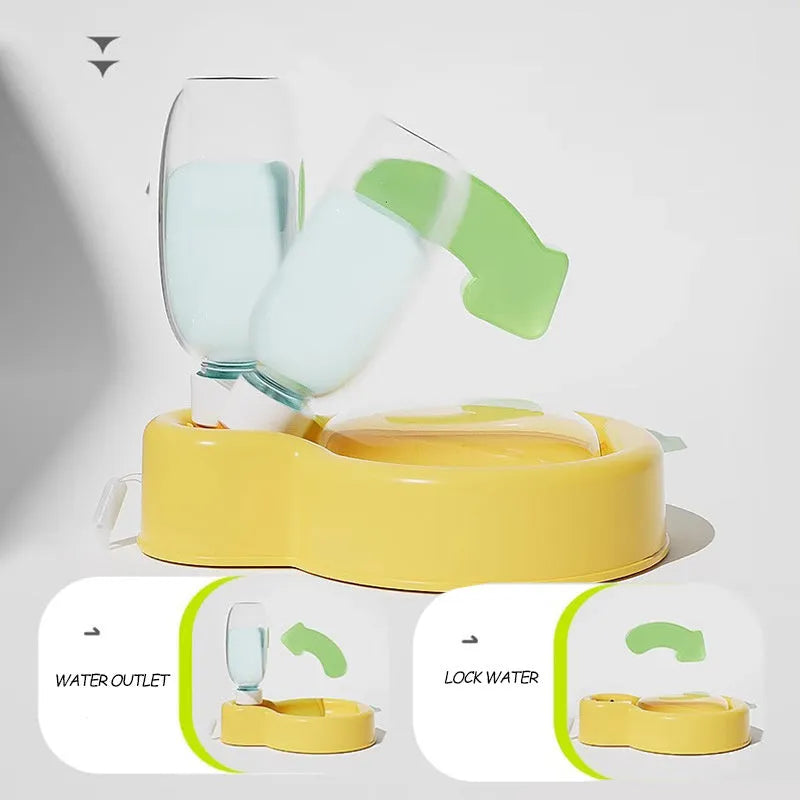 Green and orange portable dog water bottle with pull-out drinking bowl, shown next to a backpack for scale.