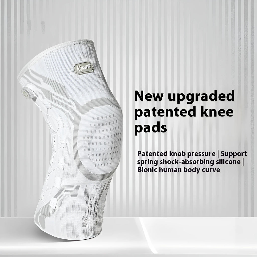 Grey and white professional sports kneecap for left foot, designed for basketball, running, and football.
