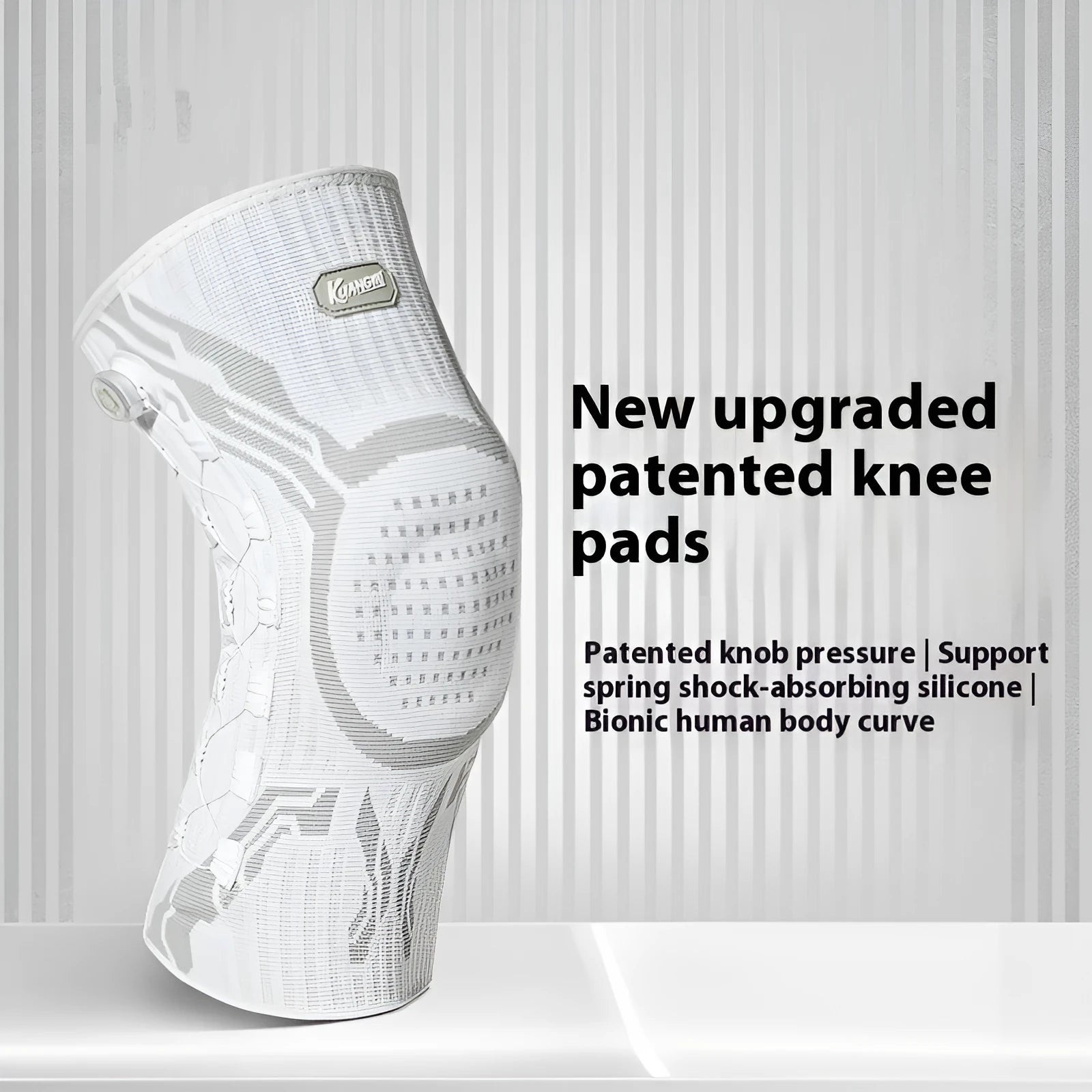 Grey and white professional sports kneecap for left foot, designed for basketball, running, and football.