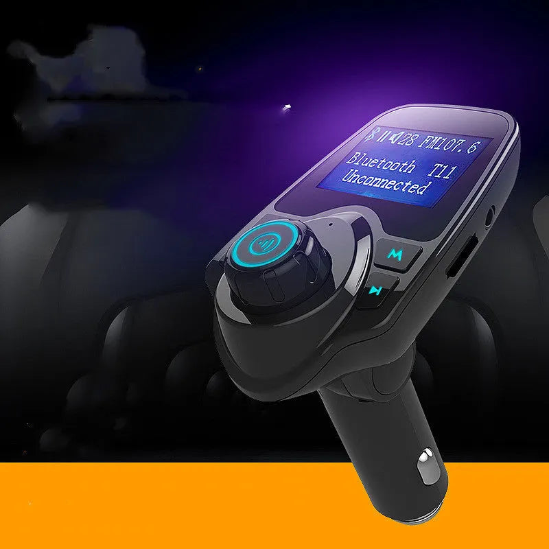 Black car Bluetooth hands-free FM transmitter with USB port and TF card slot.