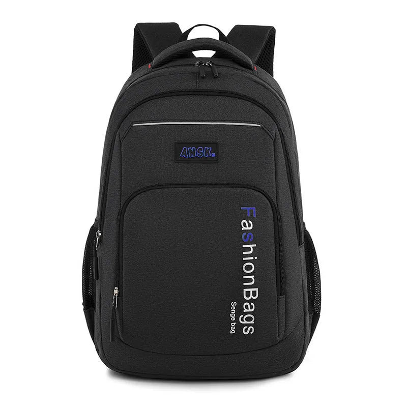 Large black nylon backpack showing multiple compartments and breathable shoulder straps