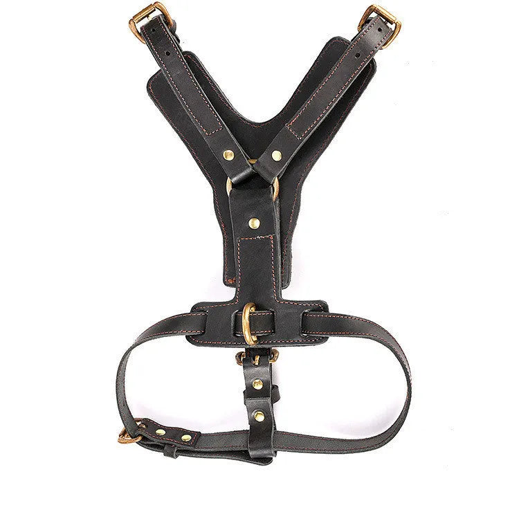 Black leather dog chest harness set with automatic traction rope for walking large breeds