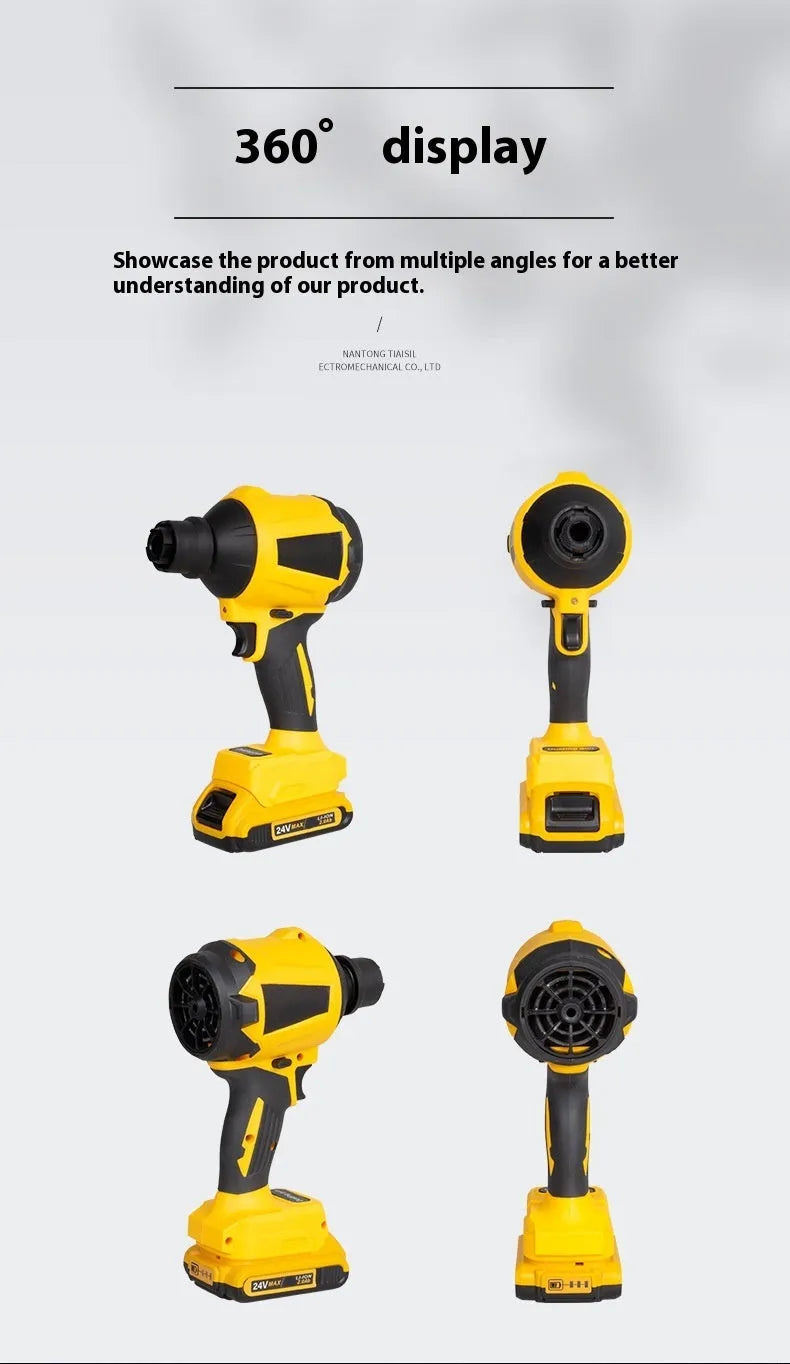 Yellow handheld cordless dust blower and inflator gun with nozzle, powered by an 18V lithium-ion battery.