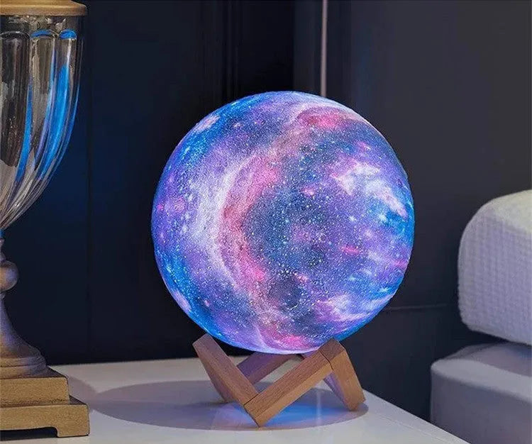 3D printing moon lamp with remote control showing 16 colours and PVC shade, available in 12cm to 20cm sizes