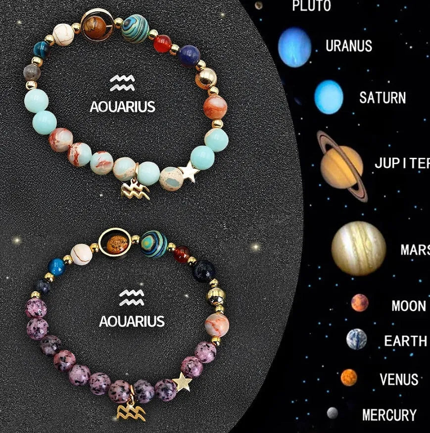 Twelve zodiac sign natural stone bead bracelets with astrology charms
