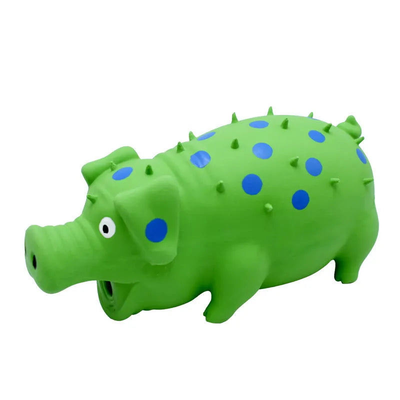 Blue latex pig-shaped dog chew toy with textured surface and squeaker