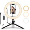 10-inch ring selfie light on 19cm adjustable metal stand with smartphone attached