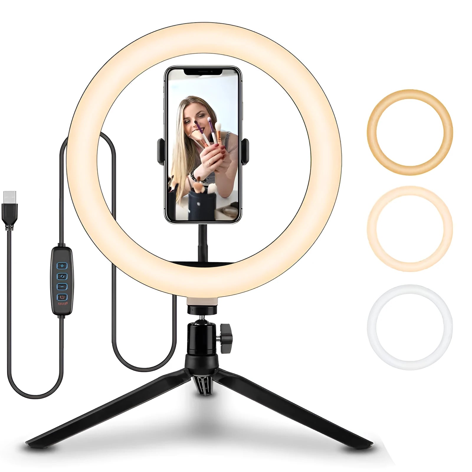 10-inch ring selfie light on 19cm adjustable metal stand with smartphone attached