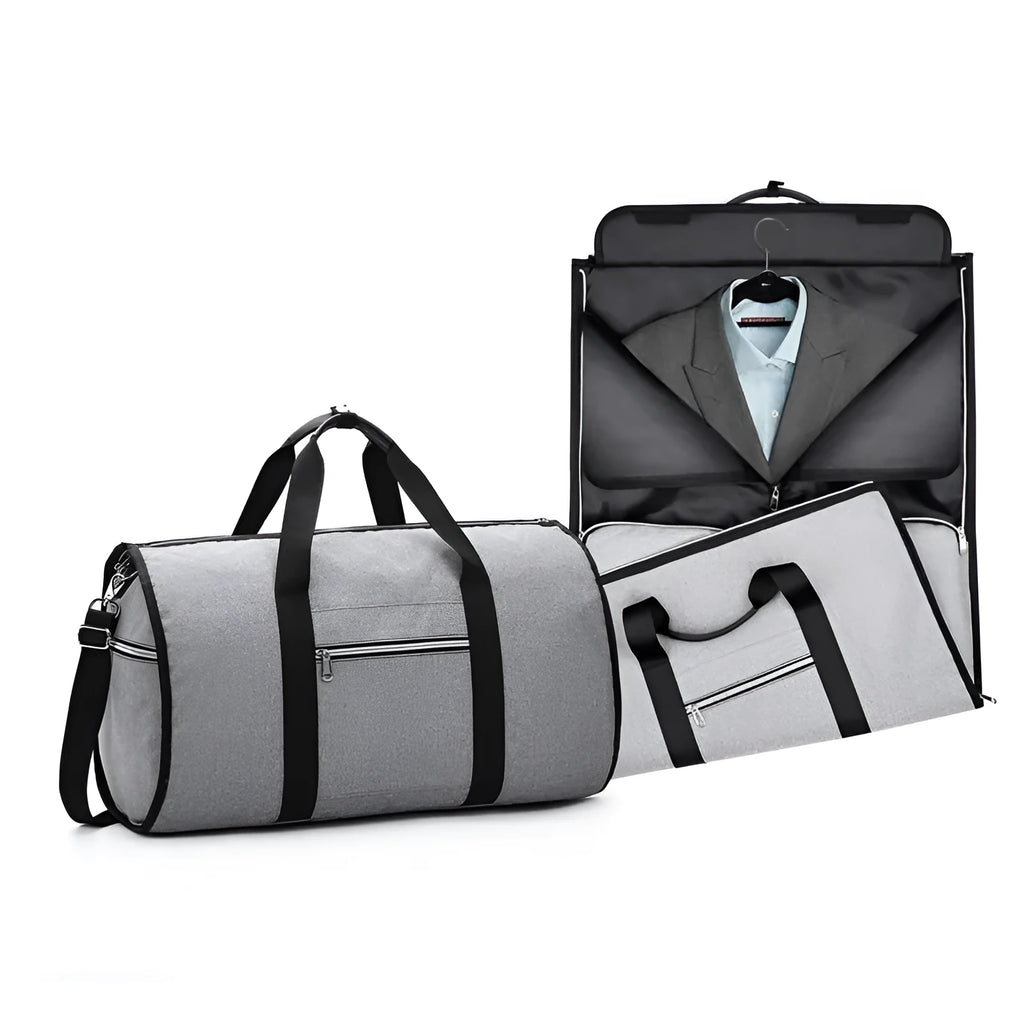 Medium sized cylindrical duffle travel bag in black, shown with zipper open, made from Oxford cloth.